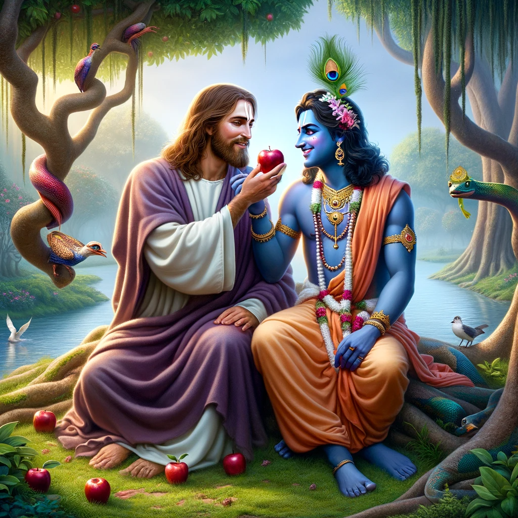 Artistic depiction of Jesus and Krishna sitting together under a tree, sharing an apple.